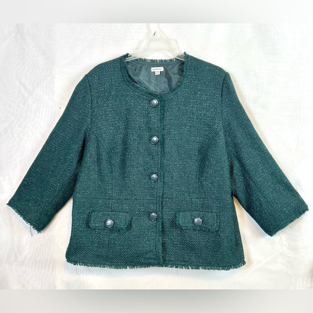 Joan River Woman’s Green Sparkle Frayed Hem Tweed Jacket 28W